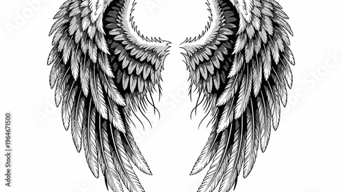 Detailed illustration of majestic feathered wings in a grayscale style