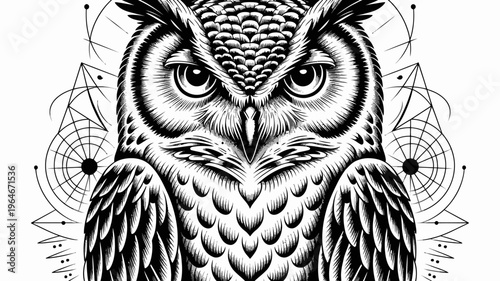 Detailed illustration of an owl s face with geometric and mystical elements