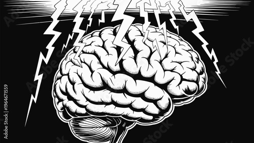 A human brain depicted with lightning bolts striking it symbolizing mental energy