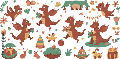 Whimsical illustration of dragons and fantasy creatures in a magical garden scene with various objects and plants