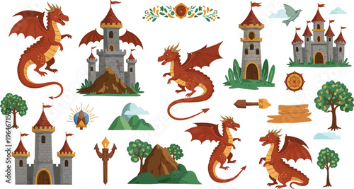 Colorful fantasy illustrations of dragons castles and medieval scenery elements for kids stories