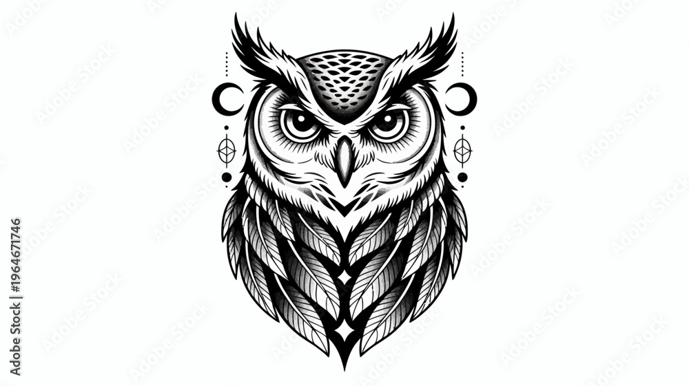 Fototapeta premium Intricate black and white illustration of an owl s face with geometric designs