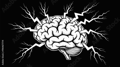 An illustrated human brain with lightning bolts emanating from its surface