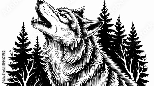 Howling wolf amidst a dark forest of evergreen trees a striking illustration