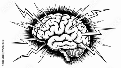 A human brain illustration with radiating lightning bolts depicting intense mental activity