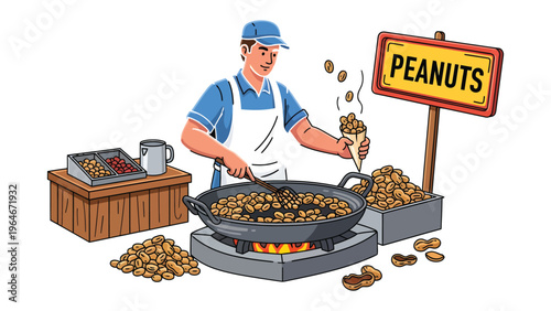 Peanut Vendor: A bustling street scene captures a vibrant peanut vendor at work, expertly roasting peanuts over an open flame, offering a taste of simple pleasure.