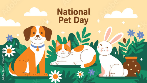 National Pet Day illustration with dog cat and rabbit animals love care companionship concept pet celebration april event cute colorful flat vector design