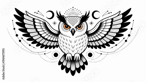 An intricate symmetrical illustration of an owl with outstretched wings and celestial details