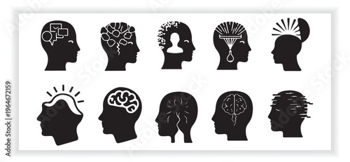 Human Mind and Brain Concept Silhouette Icon Set Design