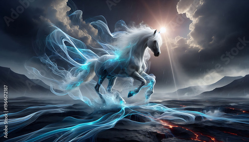 white horse with long mane run in beach dust