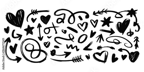 Hand-drawn doodle elements vector set featuring various arrows, hearts, stars, and abstract grunge brush strokes, perfect for adding a unique artistic touch.