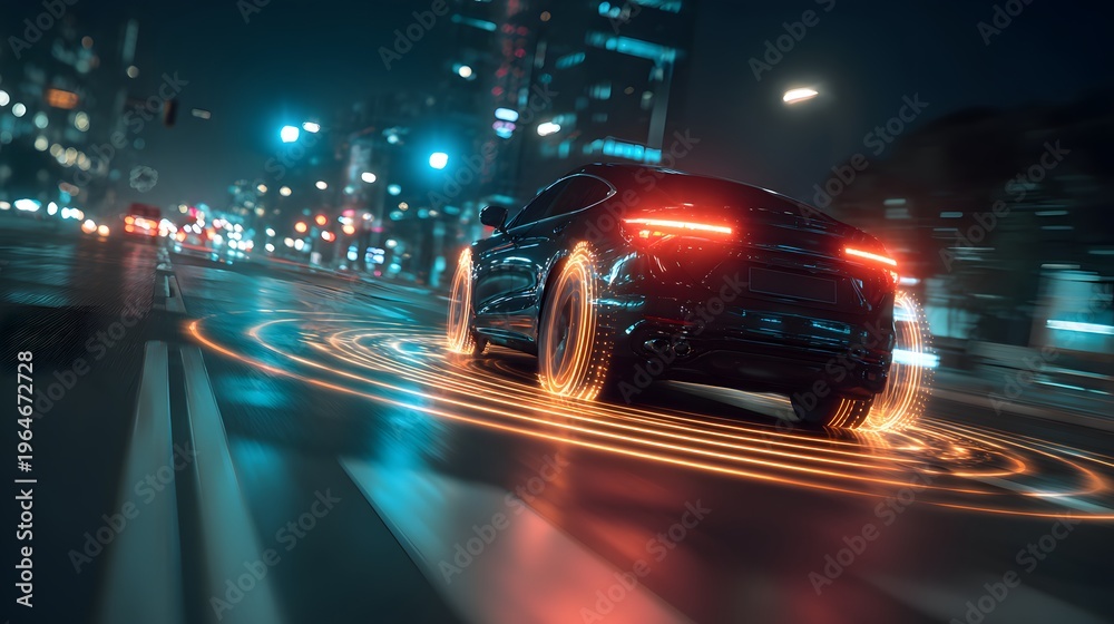 Fototapeta premium A sleek black car speeds through a vibrant city at night with glowing lights