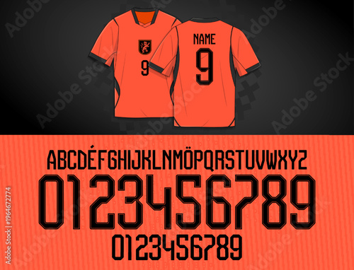Netherlands font, Netherlands soccer, Condensed geometric display font with elongated proportions and angular cuts. High impact numeric and alphabet set for bold layouts, apparel graphics