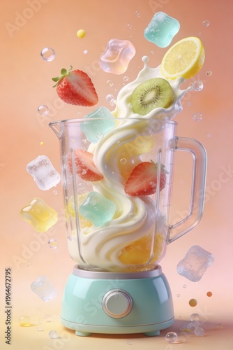 Blender mixing fruit and ice for a summer smoothie in a bright kitchen setting with colorful ingredients flying