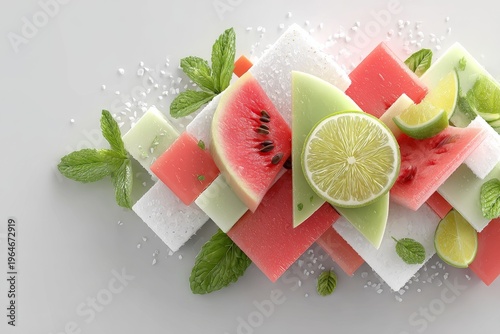 Diagonal stack of colorful square jellies featuring watermelon, lime and mint, accented by lime halves and sugar crystals for vibrant dessert photography and tropical branding