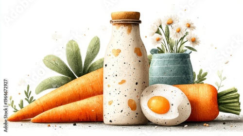 Speckled bottle with cork lid sits among carrots, halved egg, greens, and blue vase with daisies in rustic kitchen still life