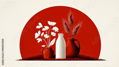 Minimalist rustic farm still life with white bottle between red jug and vase against large red circular backdrop, used for branding packaging editorial decor marketing