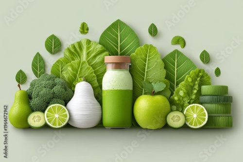 Centered green smoothie bottle surrounded by leafy greens, lime, cucumber, pear, apple, broccoli, and stacked green discs in minimalist wellness layout supporting health lifestyle campaigns