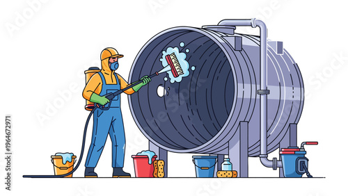 Industrial Cleaning Precision: An industrial worker in protective gear meticulously cleans the interior of a large metal tank.