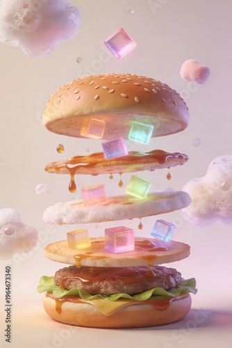 Colorful burger with floating elements shows a creative food design that combines unusual ingredients and bright cubes