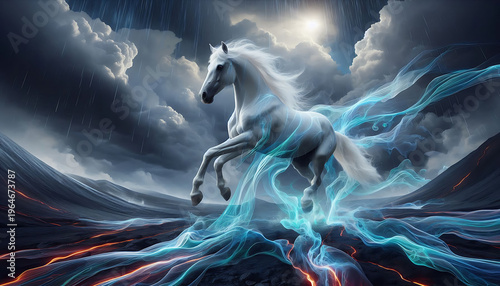 white horse with long mane run in beach dust