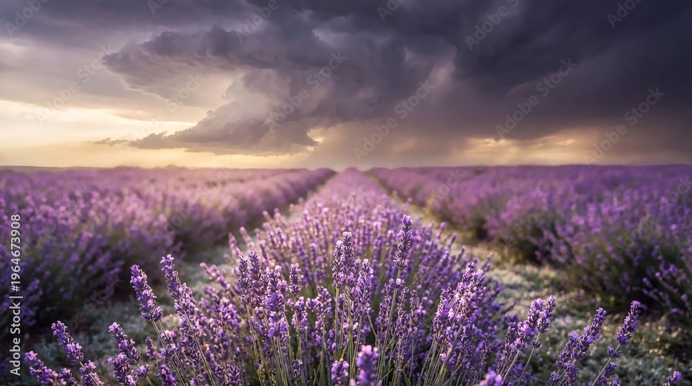 Fototapeta premium Purple Lavender Field with Dramatic Storm Clouds at Dusk
