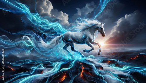 white horse with long mane run in beach dust