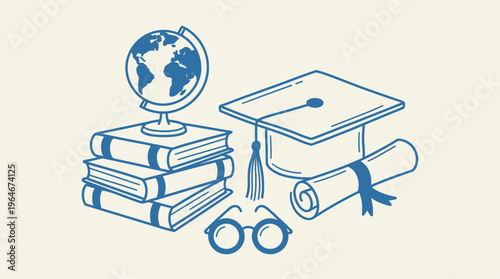 Graduation symbols including globe, books, mortarboard, diploma, and round glasses illustration