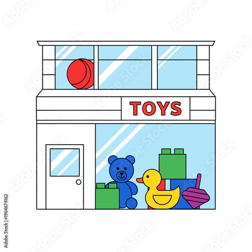 A colorful illustration of a toy store facade with various playthings