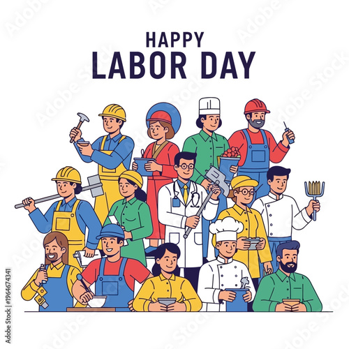 Happy labor day illustration featuring diverse workers in various professions
