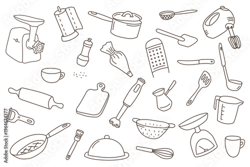 Hand Drawn Kitchen Utensils Icon Set Outline Cooking Tools Doodle Collection for Culinary Design