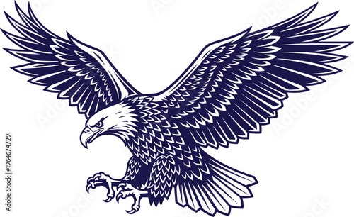 Detailed eagle illustration with spread wings and sharp talons, majestic bird of prey design for wildlife concept, tattoo art, emblem logo and patriotic graphicDetailed 