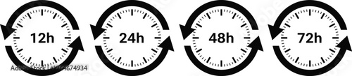 Time cycle icons with 12h, 24h, 48h and 72h clocks, circular arrow symbols for delivery, scheduling, countdown, workflow and process timing illustrationTime cycle icons with 12h, 24h, 48h 
