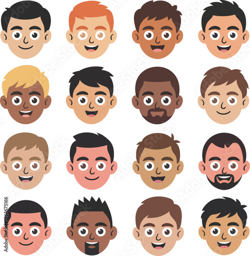A set of cartoon male faces with different skin tones and hairstyles