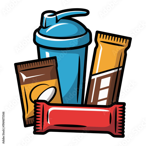 A protein shaker bottle with energy bars and supplements illustration