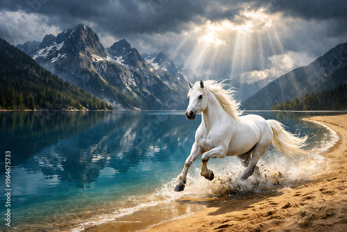 white horse with long mane run in beach dust