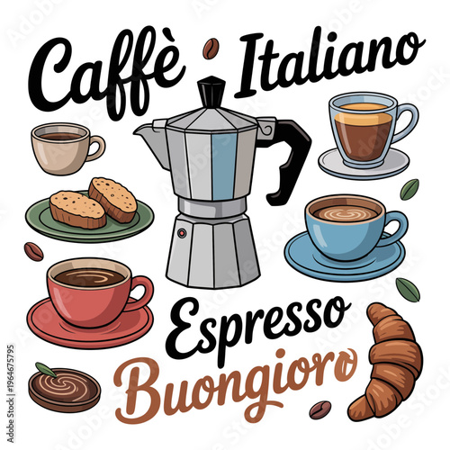 A vibrant illustration of Italian coffee culture with espresso cups and pastries