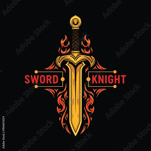 Flaming Golden Sword Knight Emblem Vector Illustration on Dark Background
