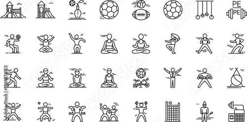 Physical Education and Sports Activity Line Icon Set Featuring Playground, Sports Equipment, Fitness, and Exercise Icons Collection