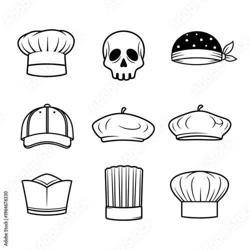 Collection of various hats and a skull in black and white line art