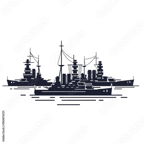Silhouette of a fleet of vintage warships on a wavy sea