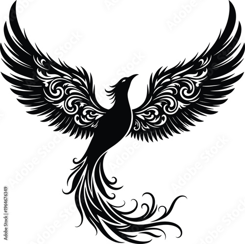Phoenix bird silhouette with elegant floral filigree wings and decorative swirls for mythical vector tattoo design.