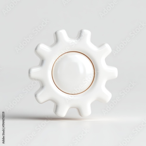 A glossy white gear icon with smooth edges, isolated on a light background, symbolizing settings, mechanics, or technology in a minimalist style.