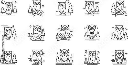 Owl in Nature Line Icon Set Featuring Owls in Forests, Nighttime, and Scenic Environments Collection