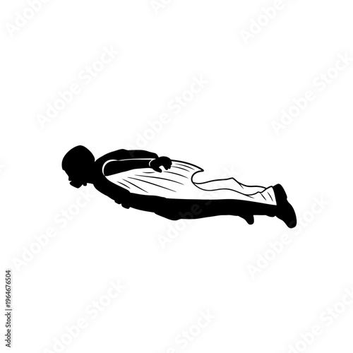 A silhouetted figure appears to be flying or falling through the air