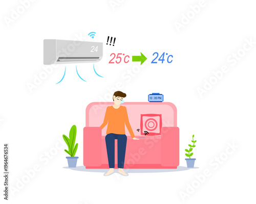 People use phone set timers to turn air conditioner on, off while sleep on sofa for concept smart home, technology AI. Air conditioning temperature automatically while people are sleeping relaxation 