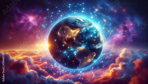 Majestic Planet Earth floating in a vibrant cosmic nebula. The globe features realist