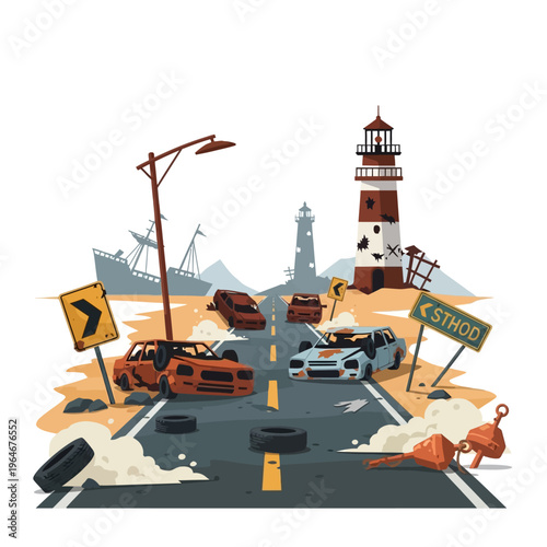 A chaotic scene depicts a road amidst wreckage and a coastal lighthouse