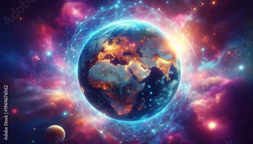 Majestic Planet Earth floating in a vibrant cosmic nebula. The globe features realist