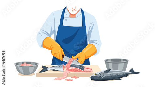 Culinary Precision: A culinary professional, clad in apron and gloves, meticulously fillets a fresh fish, poised to create a masterpiece of flavor and texture.